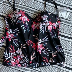 Bar III Black and Pink Floral Swim Top